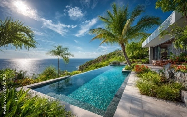 Fototapeta Luxurious infinity pool overlooking ocean