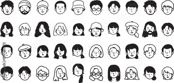 Fototapeta Diverse Male Avatars, Cartoon Faces Collection, Hand Drawn Vector, Line Art Characters, Transparent Background