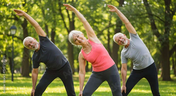 Obraz Active senior group exercising outdoors with stretching and smiling faces