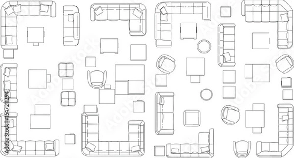 Fototapeta Top view furniture layout, modern living room set, sofa arrangement plan, interior design sketch, couch chair table vector, architectural seating layout blueprint