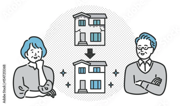 Obraz 家のリフォームを考えるシニア夫婦のイメージイラスト