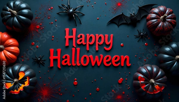 Obraz "Happy Halloween" written in bold red letters on a black background, surrounded by spooky elements like pumpkins, bats, spiders, and bones for a creepy festive vibe.
