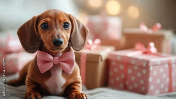 Obraz A playful dachshund puppy is surrounded by colorful birthday gifts, its curious gaze capturing the joy of the celebration in a softly lit environment.
