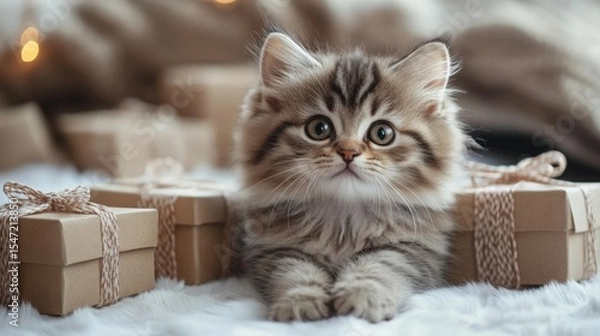 Obraz Fluffy kitten playing near birthday gifts with warm lights in the background creating a joyful atmosphere