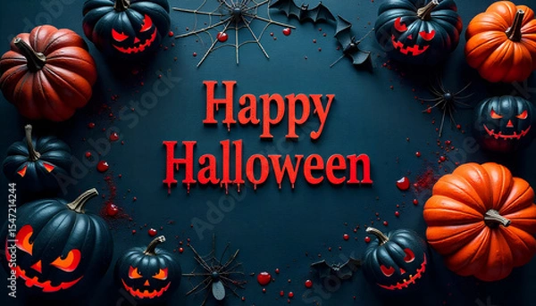 Obraz "Happy Halloween" written in bold red letters on a black background, surrounded by spooky elements like pumpkins, bats, spiders, and bones for a creepy festive vibe.
