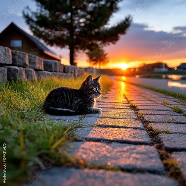 Obraz Kitten on a paved path at sunset