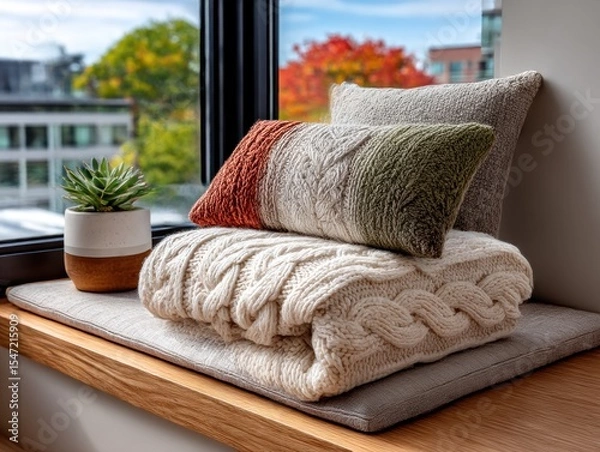 Obraz Knitted throws and pillows by window