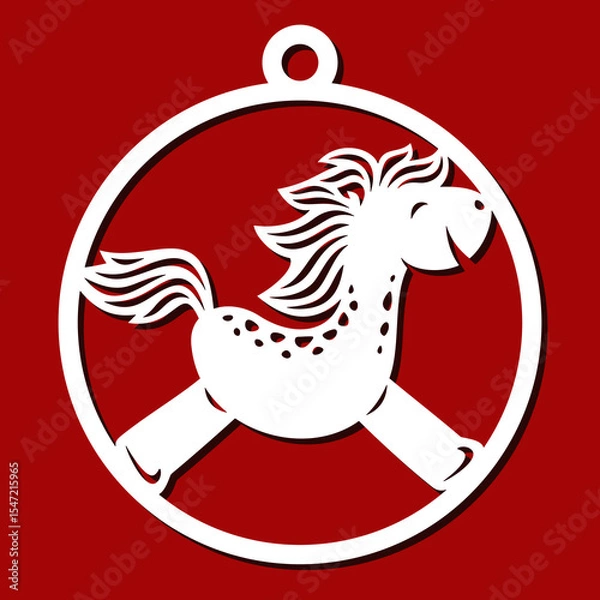 Fototapeta Christmas ball with funny horse. Round hanging decoration, toy, pendant with cute pony. Template for plotter laser cutting of paper, fretwork, wood carving, metal engraving, cnc. Vector illustration.