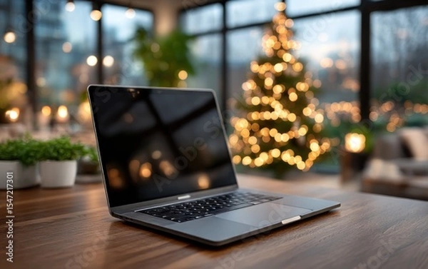 Obraz Laptop on a table, Christmas lights