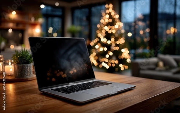 Obraz Laptop on table, Christmas tree bokeh