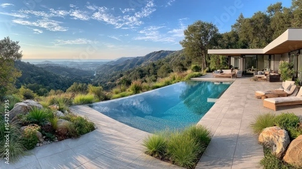 Fototapeta Panoramic view of a modern pool house