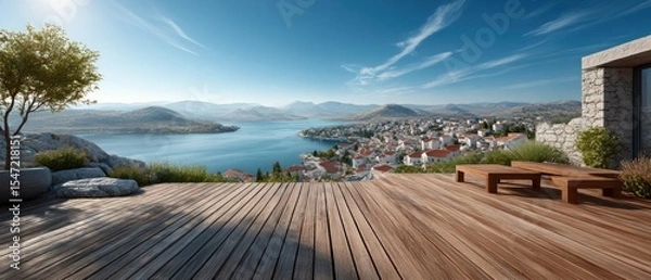 Fototapeta Panoramic view of a town nestled in a valley