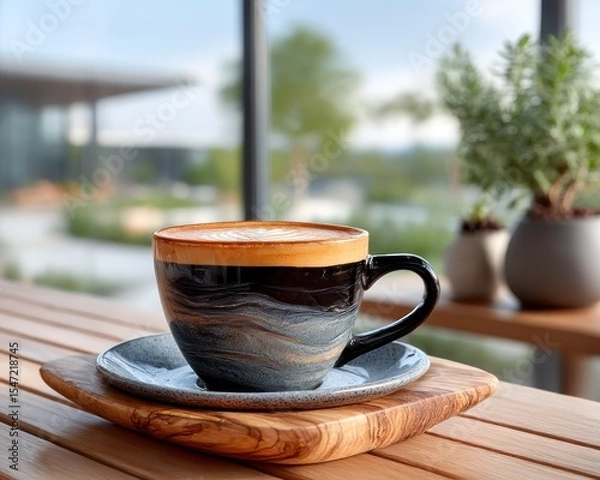 Obraz Latte on a patio overlooking a park