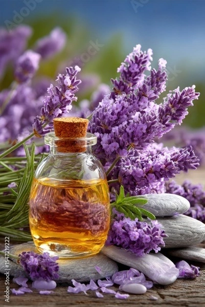 Obraz Lavender essential oil in a small bottle