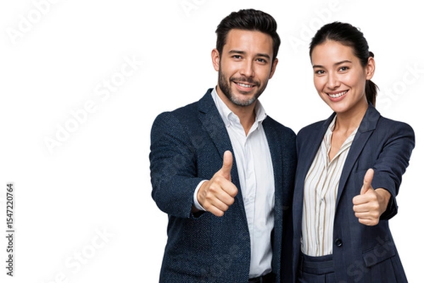 Fototapeta Business partners in formal suits smiling and giving thumbs up, symbolizing success, teamwork, and trust in professional collaboration. Isolated on white background