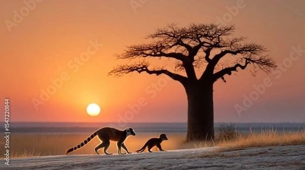 Obraz Lemurs at sunset by baobab (2)