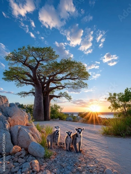Obraz Lemurs at sunset by baobab tree