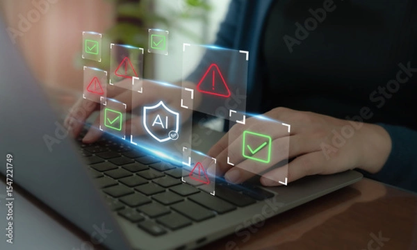 Obraz AI Safety and Ethics Concept. Typing on a laptop surrounded by digital icons; AI shields, warning signs, and checkmarks. Ethical guidelines and safety protocols in artificial intelligence systems.