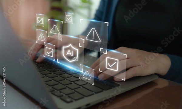 Obraz AI Safety and Ethics Concept. Typing on a laptop surrounded by digital icons; AI shields, warning signs, and checkmarks. Ethical guidelines and safety protocols in artificial intelligence systems.