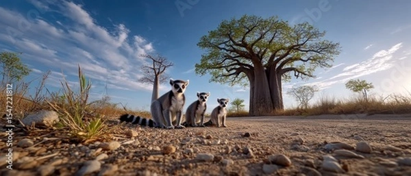 Obraz Lemurs beneath a baobab tree