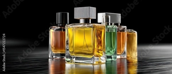 Fototapeta Perfume bottles in various colors on a dark surface