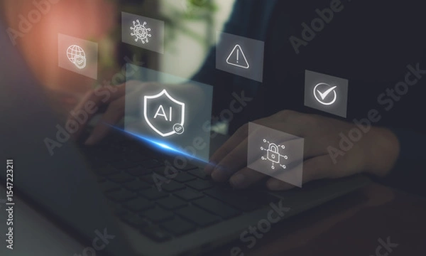 Obraz AI Cybersecurity Protection Concept. Hands typing on a laptop with digital icons; artificial intelligence, cybersecurity, data protection and warning signals, secure AI technology and online safety.