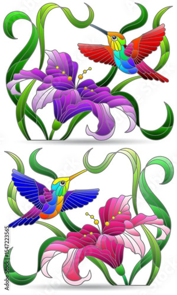Obraz A set of stained glass illustrations with hummingbird birds and lily flowers, isolated compositions on a white background
