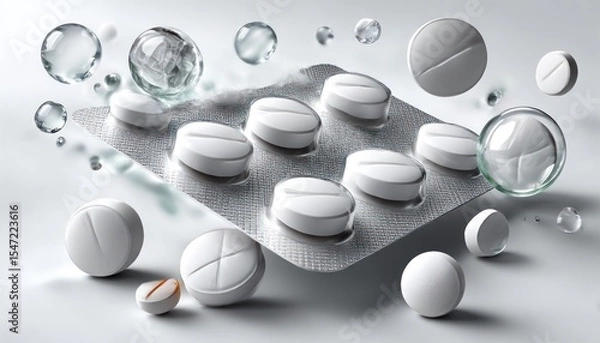 Fototapeta Pill blister pack with floating pills and bubbles