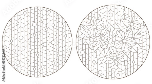Obraz A set of contour illustrations of stained glass Windows with abstract flowers, oval and square images