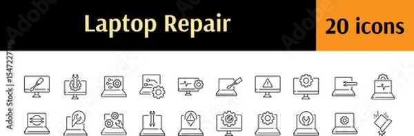 Fototapeta Broken Device Line Icon Bundle. Laptop Repair Outline Signs for Graphic and Web Design, Apps, Adverts, Various Cards