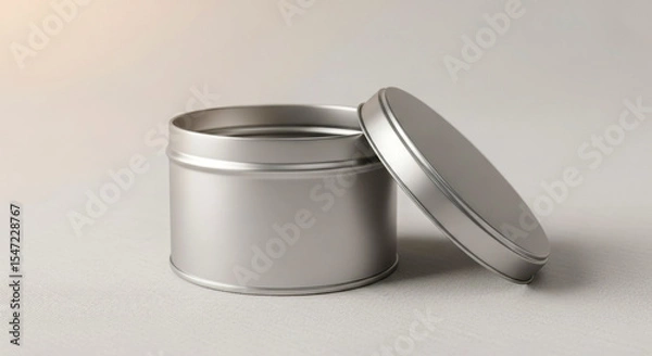 Fototapeta An open silver tin container with its lid beside it, resting on a textured light gray surface. Ideal for cosmetics, candles, or small items.