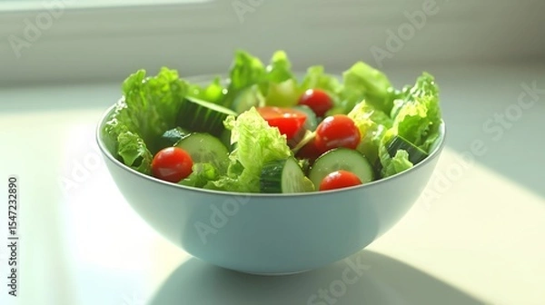 Fototapeta Fresh vegetable salad with lettuce, cucumber, and cherry tomatoes in a bowl
