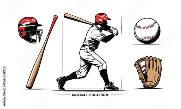 Fototapeta Modern vector illustration titled Baseball Collection featuring five key elements, a baseball player  protective catcher's helmet, a classic stitched baseball, a leather glove, easily editable.