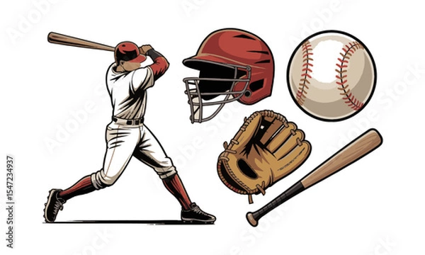 Fototapeta Modern vector illustration titled Baseball Collection featuring five key elements, a baseball player  protective catcher's helmet, a classic stitched baseball, a leather glove, easily editable.