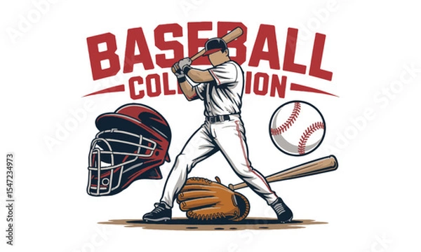 Fototapeta Modern vector illustration titled Baseball Collection featuring five key elements, a baseball player  protective catcher's helmet, a classic stitched baseball, a leather glove, easily editable.