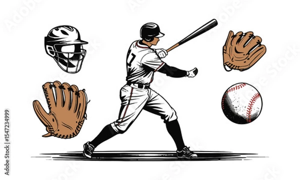Fototapeta Modern vector illustration titled Baseball Collection featuring five key elements, a baseball player  protective catcher's helmet, a classic stitched baseball, a leather glove, easily editable.