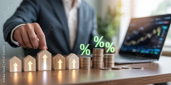 Fototapeta Real Estate Investment Growth: A businessman strategically places a miniature house model on a row of illuminated wooden blocks, representing increasing property value.