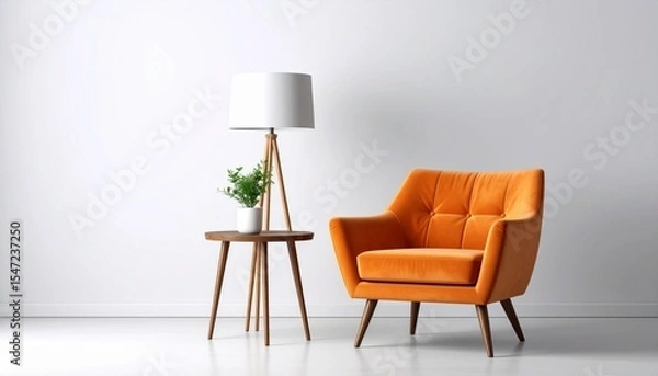Obraz Contemporary Living Room with Orange Accent Chair and Natural Decor