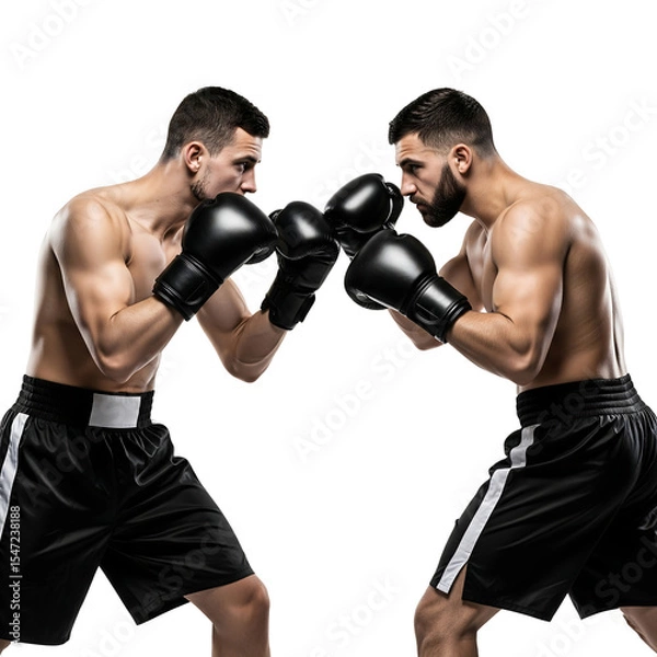Fototapeta Two Muscular Boxers Facing Off in Black Gloves and Shorts on White