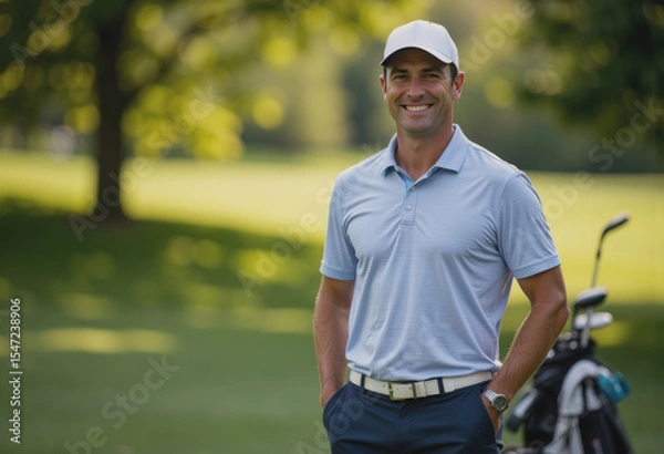 Obraz Smiling golfer enjoying a sunny day in the backyard
