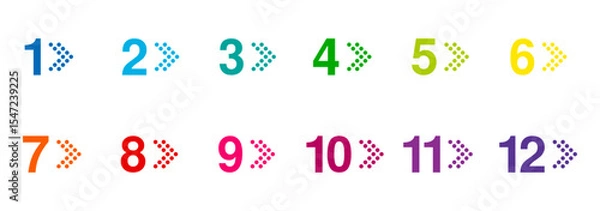 Obraz colorful twelve bullet points, from 1 to 12 dotted triangle arrow markers, vector infographics elements