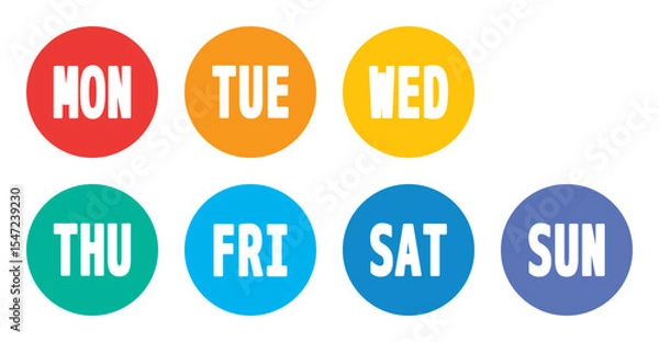 Obraz colorful seven week days bullet points, from monday to sunday solid round markers, vector infographics elements