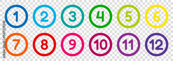 Fototapeta colorful twelve bullet points, from 1 to 12 round outline markers, vector infographics elements