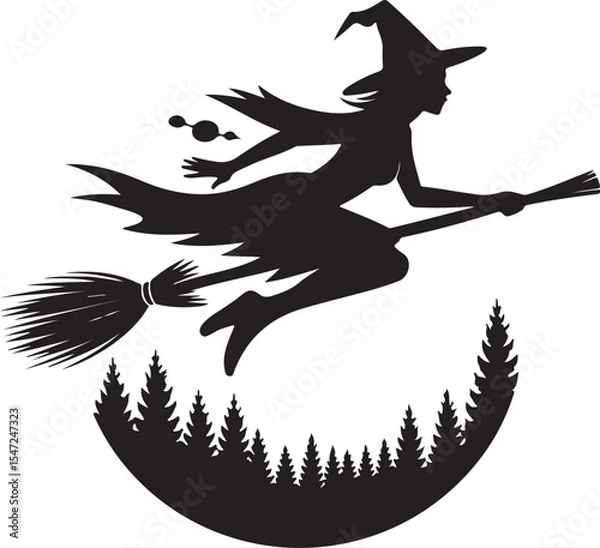 Obraz Witch flying on broom vector illustration