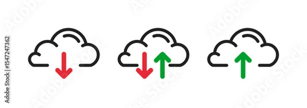 Obraz cloud storage service icon set, online hosting pictogram, upload download clouds green red arrow