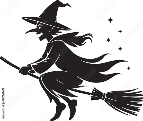 Obraz Witch flying on broom vector illustration