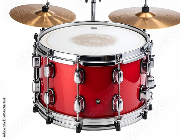 Fototapeta A vibrant snare drum and drumsticks are isolated on a white background, capturing the essence of percussion and musical rhythm