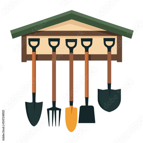 Obraz Illustration of Gardening Tools Hanging on a Wooden Rack, Featuring Shovels and a Fork