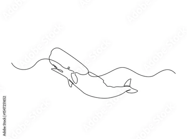 Fototapeta Cachalot or sperm whale in single outline illustration. Continuous line art drawing of sperm whale in the sea. Editable stroke.