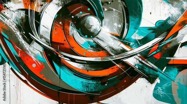 Fototapeta Dynamic abstract art with vibrant teal, orange, and gray swirls